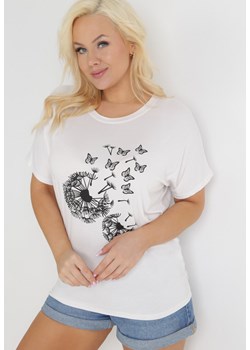 Biały T-shirt z Nadrukiem w Dmuchawce i Motyle Kyli ze sklepu Born2be Odzież w kategorii Bluzki damskie - zdjęcie 153733695