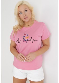 Różowy T-shirt z Bawełny z Krótkim Rękawem i Nadrukiem w Motyle Katelin ze sklepu Born2be Odzież w kategorii Bluzki damskie - zdjęcie 153733919
