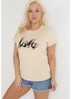 Beżowy Bawełniany T-shirt z Krótkim Rękawem i Nadrukiem Naremena ze sklepu Born2be Odzież w kategorii Bluzki damskie - zdjęcie 153733968