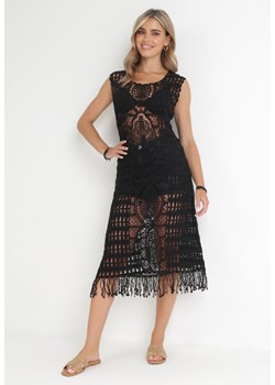 Czarna Szydełkowa Sukienka Plażowa z Frędzlami Nellot ze sklepu Born2be Odzież w kategorii Odzież plażowa - zdjęcie 154078307