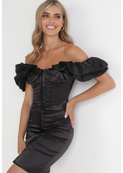 Czarna Satynowa Sukienka Dopasowana z Bufiastym Rękawem Suse ze sklepu Born2be Odzież w kategorii Sukienki - zdjęcie 154102606