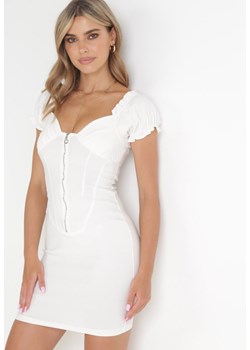 Biała Sukienka Mini Zapinana na Suwak z Bufiastym Rękawem Jerusa ze sklepu Born2be Odzież w kategorii Sukienki - zdjęcie 154171118