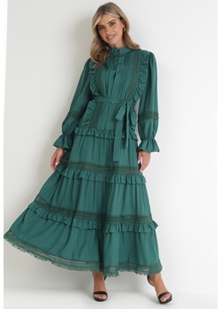 Zielona Koszulowa Sukienka z Falbanką i Koronką Peza ze sklepu Born2be Odzież w kategorii Sukienki - zdjęcie 154193555