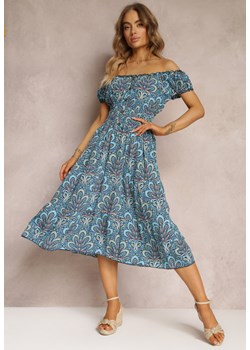 Wizytowa błękitna sukienka z gipiury, elegancka kreacja w kwiaty Dorota  