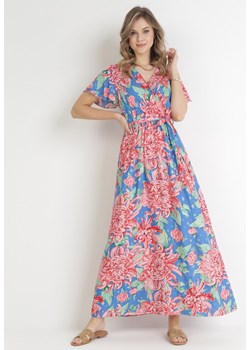 Niebiesko-Różowa Kopertowa Sukienka Maxi z Gumką w Pasie w Kwiaty z Wiskozy Aryna ze sklepu Born2be Odzież w kategorii Sukienki - zdjęcie 154291439