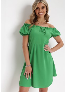 Zielona Sukienka Mini Hiszpanka z Marszczoną Gumką Lakenzie ze sklepu Born2be Odzież w kategorii Sukienki - zdjęcie 154393695