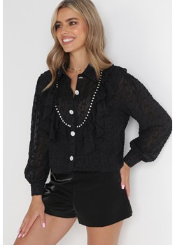 Czarna Koszula Plumeti z Błyszczącą Nitką i Falbankami Banie ze sklepu Born2be Odzież w kategorii Koszule damskie - zdjęcie 154418495