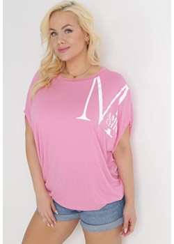 Różowa Dłuższa Bluzka z Krótkimi Rękawami i Ozdobnym Nadrukiem z Wiskozy Bailia ze sklepu Born2be Odzież w kategorii Bluzki damskie - zdjęcie 154418557