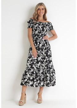 Czarna Kwiecista Sukienka Hiszpanka Maxi z Marszczonymi Gumkami Ebothia ze sklepu Born2be Odzież w kategorii Sukienki - zdjęcie 154440058