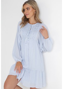 Niebieska Sukienka Mini z Ozdobnym Wiązaniem i Koronką Menet ze sklepu Born2be Odzież w kategorii Sukienki - zdjęcie 154467579