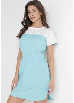Biało-Niebieska Sukienka Mini z Gumką w Talii i Rękawem Typu Nietoperz z Bawełny Malania ze sklepu Born2be Odzież w kategorii Sukienki - zdjęcie 154510696