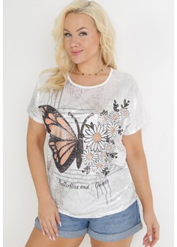 Biała Bluzka z Nadrukiem w Motyla z Cyrkoniami i Kwiatami Nonora ze sklepu Born2be Odzież w kategorii Bluzki damskie - zdjęcie 154511326