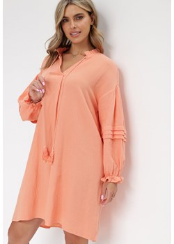 Pomarańczowa Bawełniana Sukienka Mini z Ozdobnym Wiązaniem i Przeszyciami na Rękawach Anla ze sklepu Born2be Odzież w kategorii Sukienki - zdjęcie 154512497