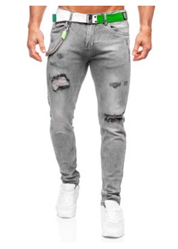 Grafitowe spodnie jeansowe męskie slim fit z paskiem Denley KX953 ze sklepu Denley w kategorii Jeansy męskie - zdjęcie 154519305