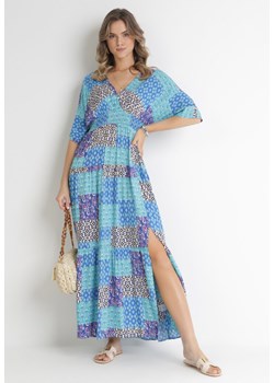 Niebieska Wiskozowa Sukienka Maxi z Gumkami w Pasie i Abstrakcyjnym Wzorem Zamania ze sklepu Born2be Odzież w kategorii Sukienki - zdjęcie 154531827