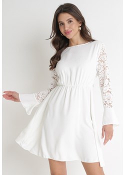 Biała Sukienka z Koronkowymi Rękawami i Gumką z Wiązaniem w Talii Vubatia ze sklepu Born2be Odzież w kategorii Sukienki - zdjęcie 154536816