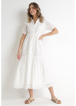 Biała Haftowana Sukienka Maxi ze Ściągaczem w Talii Erlina ze sklepu Born2be Odzież w kategorii Sukienki - zdjęcie 154537219