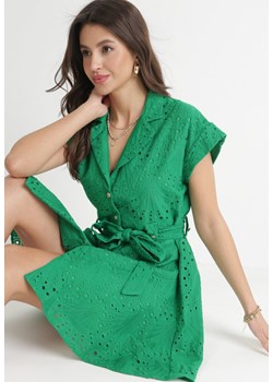 Zielona Koszulowa Sukienka Haftowana z Wiązanym Paskiem Tireah ze sklepu Born2be Odzież w kategorii Sukienki - zdjęcie 154537229