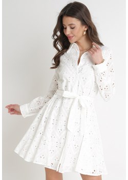 Biała Ażurowa Sukienka Bawełniana z Wiązanym Paskiem Ilerah ze sklepu Born2be Odzież w kategorii Sukienki - zdjęcie 154537259