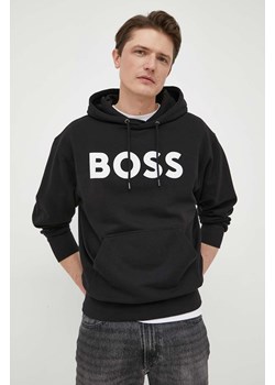 BOSS bluza bawełniana BOSS ORANGE męska kolor czarny z kapturem z nadrukiem 50487134 ze sklepu ANSWEAR.com w kategorii Bluzy męskie - zdjęcie 155815969