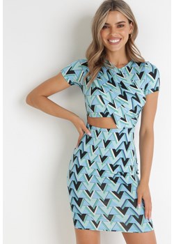 Niebieska Dopasowana Sukienka w Geometryczny Wzór Aleyska ze sklepu Born2be Odzież w kategorii Sukienki - zdjęcie 155937545