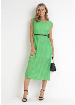 Zielona Plisowana Sukienka Midi z Paskiem z Imitacji Skóry Sharia ze sklepu Born2be Odzież w kategorii Sukienki - zdjęcie 155937648