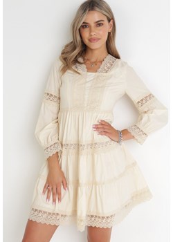 Beżowa Sukienka Mini z Koronkowymi Wstawkami i Rozkloszowanym Dołem Femona ze sklepu Born2be Odzież w kategorii Sukienki - zdjęcie 155937716