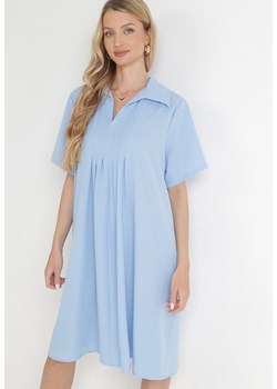 Niebieska Rozkloszowana Sukienka z Zakładkami i Kołnierzykiem Alisano ze sklepu Born2be Odzież w kategorii Sukienki - zdjęcie 155950985