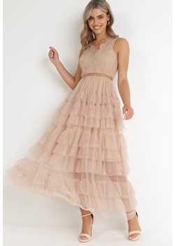 Beżowa Sukienka Maxi z Tiulowym Dołem i Koronkową Górą Deliva ze sklepu Born2be Odzież w kategorii Sukienki - zdjęcie 155990109