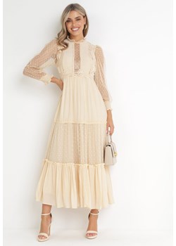 Beżowa Rozkloszowana Sukienka z Ozdobnymi Tiulowymi Wstawkami Revisa ze sklepu Born2be Odzież w kategorii Sukienki - zdjęcie 155990129