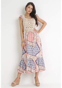 Różowo-Niebieska Rozkloszowana Sukienka Maxi z Szydełkową Górą i Falbankami z Bawełny Madela ze sklepu Born2be Odzież w kategorii Sukienki - zdjęcie 156007439