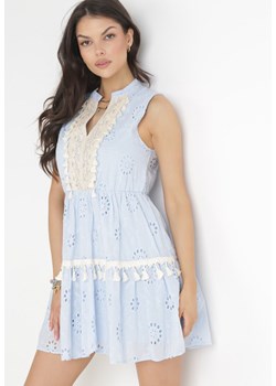 Niebieska Sukienka z Gumką w Pasie z Haftowanej Tkaniny z Cekinami Atakoto ze sklepu Born2be Odzież w kategorii Sukienki - zdjęcie 156015008