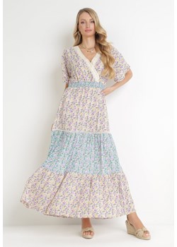 Fioletowo-Niebieska Rozkloszowana Sukienka Maxi z Gumką w Talii i Koronkowym Dekoltem Gerbera ze sklepu Born2be Odzież w kategorii Sukienki - zdjęcie 156019349