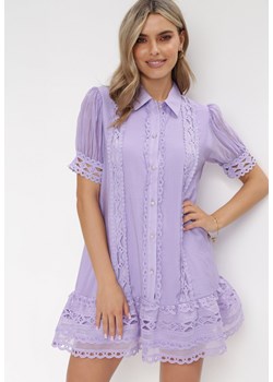 Fioletowa Koszulowa Sukienka Mini z Koronką i Perłowymi Guzikami Isira ze sklepu Born2be Odzież w kategorii Sukienki - zdjęcie 156022886
