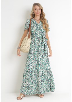 Zielona Sukienka Maxi z Gumką w Talii w Kwiaty z Wiskozy Eudatha ze sklepu Born2be Odzież w kategorii Sukienki - zdjęcie 156022936