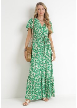Zielona Sukienka Maxi z Gumką w Pasie w Kwiaty Aretocia ze sklepu Born2be Odzież w kategorii Sukienki - zdjęcie 156022956