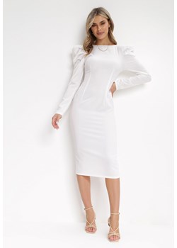 Biała Sukienka Taliowana z Bufiastym Rękawem Omono ze sklepu Born2be Odzież w kategorii Sukienki - zdjęcie 156085546