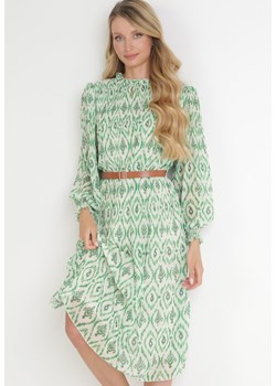 Zielona Plisowana Sukienka Midi z Paskiem z Klamrą Cascarria ze sklepu Born2be Odzież w kategorii Sukienki - zdjęcie 156085868