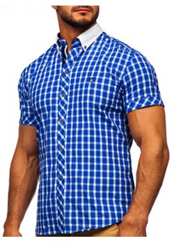 Koszula męska elegancka w kratę z krótkim rękawem chabrowa Bolf 5531 ze sklepu Denley w kategorii Koszule męskie - zdjęcie 156087936