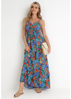 Niebieska Sukienka z Wiskozy w Kwiaty i Kopertowym Dekoltem Gelia ze sklepu Born2be Odzież w kategorii Sukienki - zdjęcie 156131865