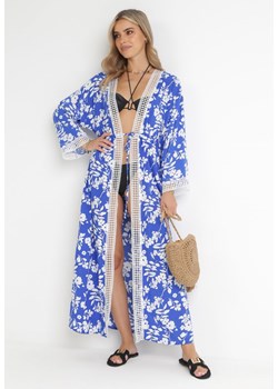 Niebieska Wiskozowa Narzutka Sukienka Maxi ze Ściągaczem w Pasie i Koronkowymi Wstawkami Navie ze sklepu Born2be Odzież w kategorii Odzież plażowa - zdjęcie 156131985