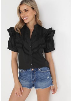 Czarna Koszula z Falbankami i Koronkowymi Wstawkami Keani ze sklepu Born2be Odzież w kategorii Koszule damskie - zdjęcie 156183089