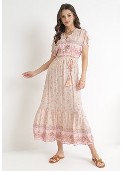 Jasnoróżowa Bawełniana Sukienka Maxi z Gumką w Talii i Cienkim Paskiem z Chwostami Kenadi ze sklepu Born2be Odzież w kategorii Sukienki - zdjęcie 156187025