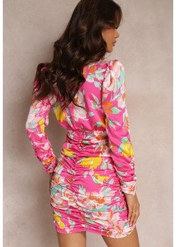 Fuksjowa Marszczona Sukienka Mini z Głębokim Dekoltem i Kwiatowym Wzorem Miyaha ze sklepu Renee odzież w kategorii Sukienki - zdjęcie 156187655