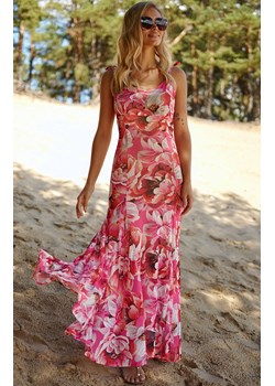 Długa letnia suknia na wiązanych ramiączkach M799/39, Kolor różowy-wzór, Rozmiar 36/38, Makadamia ze sklepu Primodo w kategorii Sukienki - zdjęcie 156197235