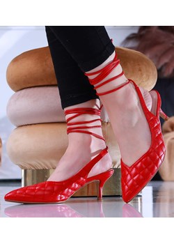Pikowane czerwone buty wiązane na szpilce /A9-2 12203 T390/ ze sklepu Pantofelek24.pl Jacek Włodarczyk w kategorii Czółenka - zdjęcie 156251807