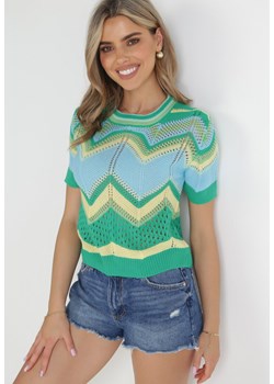 Zielony Sweter z Ażurowej Tkaniny z Krótkim Rękawem Xayle ze sklepu Born2be Odzież w kategorii Bluzki damskie - zdjęcie 156251936