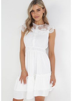 Biała Koronkowa Sukienka Mini z Gumką w Pasie i Falbanką Difro ze sklepu Born2be Odzież w kategorii Sukienki - zdjęcie 156273009