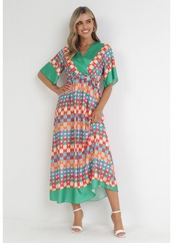 Zielona Sukienka Maxi z Gumką w Talii i Materiałowym Paskiem Saderka ze sklepu Born2be Odzież w kategorii Sukienki - zdjęcie 156273039