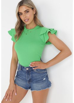 Zielona Dzianinowa Bluzka z Krótkimi Rękawami z Falbankami Kylo ze sklepu Born2be Odzież w kategorii Bluzki damskie - zdjęcie 156821539